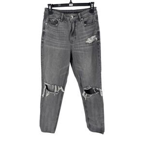 American Eagle Women's Black Gray Wash Distressed Mom Jeans Size 4 Long